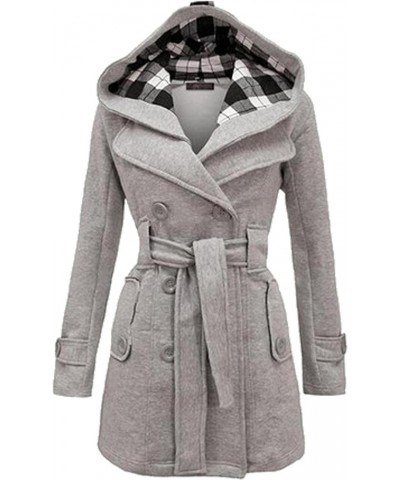 Womens Winter Double Breasted Pea Coat Warm Wool Blend Trench Coat Hooded Plaid Outwear with Belt Light Grey $28.31 Jackets