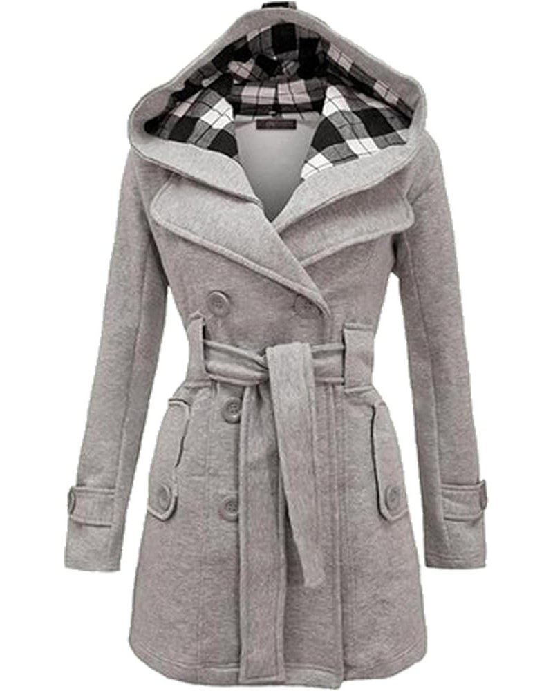 Womens Winter Double Breasted Pea Coat Warm Wool Blend Trench Coat Hooded Plaid Outwear with Belt Light Grey $28.31 Jackets