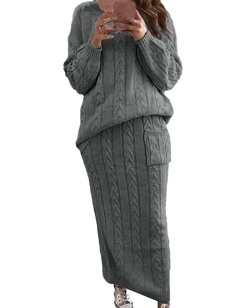 Women's Cable Knit Long Skirt 2 Piece Outfit Chunky Oversized Pullover Sweater Top and Long Pencil Skirt Sets Deep Grey $20.2...