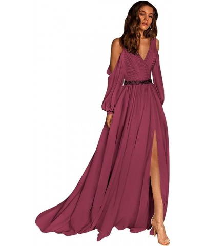 Long Sleeve Prom Dresses for Women Chiffon Off Shoulder Slit Formal Evening Gowns Bridesmaid Dress Desert Rose $31.79 Dresses