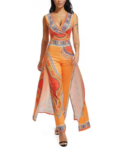 Womens Fashion Sleeveless Deep V-Neck Africa Ethnic Print Cloak Style Romper Jumpsuit Orange $16.80 Jumpsuits