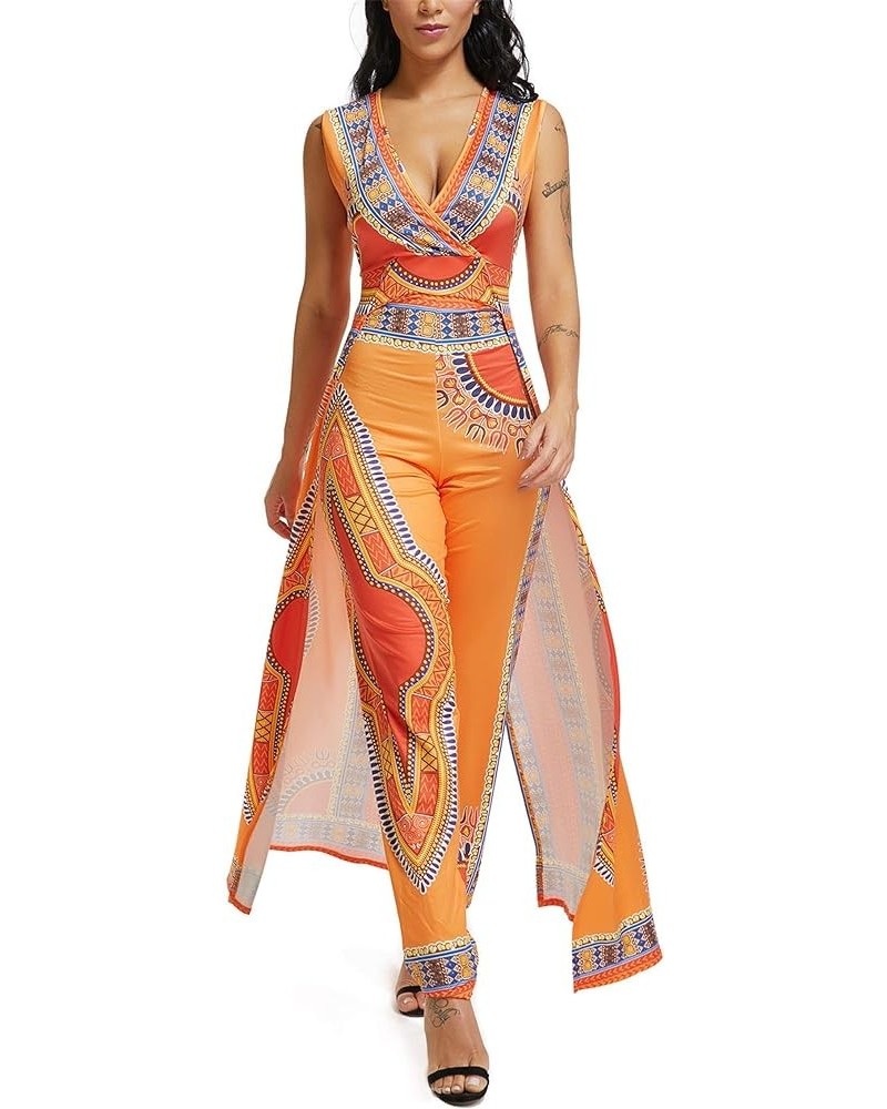 Womens Fashion Sleeveless Deep V-Neck Africa Ethnic Print Cloak Style Romper Jumpsuit Orange $16.80 Jumpsuits