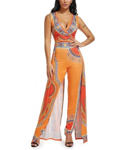 Womens Fashion Sleeveless Deep V-Neck Africa Ethnic Print Cloak Style Romper Jumpsuit Orange $16.80 Jumpsuits