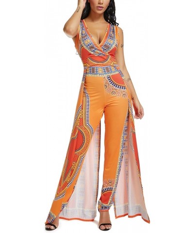 Womens Fashion Sleeveless Deep V-Neck Africa Ethnic Print Cloak Style Romper Jumpsuit Orange $16.80 Jumpsuits