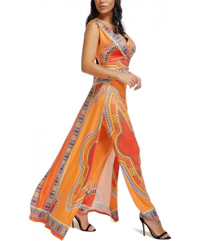 Womens Fashion Sleeveless Deep V-Neck Africa Ethnic Print Cloak Style Romper Jumpsuit Orange $16.80 Jumpsuits