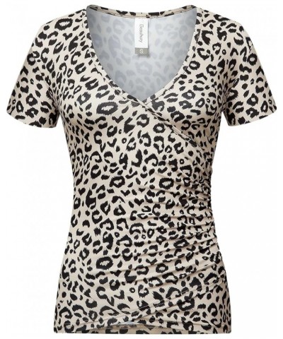 Women's Top Deep V Neck Slim Fitted T-Shirt Front Surplice Wrap Short/Long Sleeve Tees C Short-coffee Leopard Print $13.24 T-...