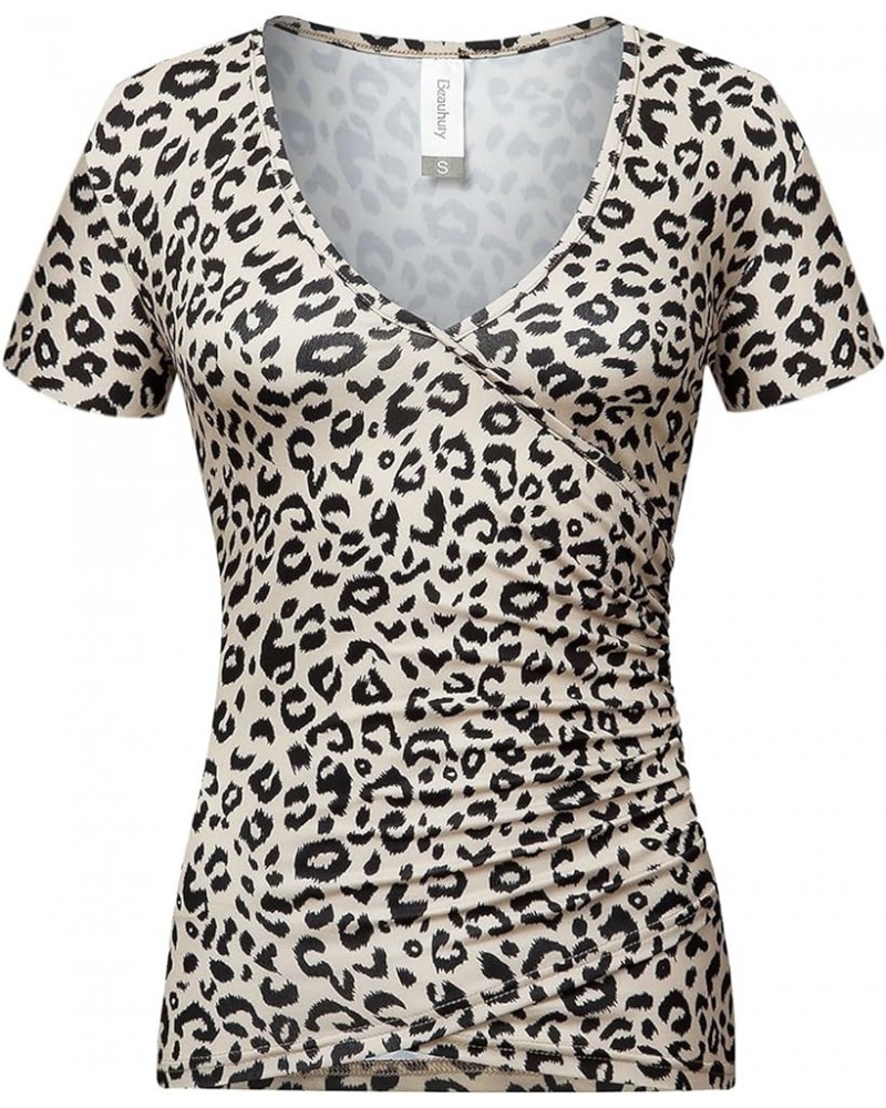 Women's Top Deep V Neck Slim Fitted T-Shirt Front Surplice Wrap Short/Long Sleeve Tees C Short-coffee Leopard Print $13.24 T-...