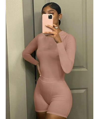 Casual Workout Two Piece Outfits for Women Crew Neck Ribbed Long Sleeved High Waist pants Matching Sets Streetwear Brown-shor...