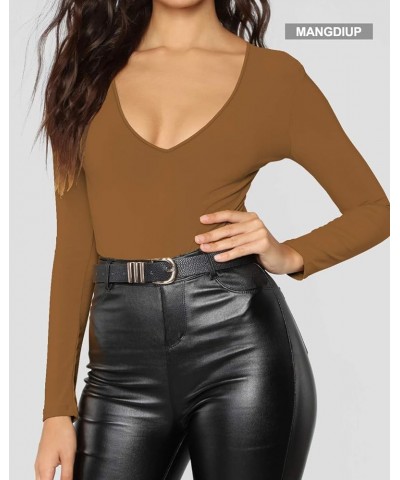 Women's V-Neck Long Sleevee Short Sleeve Tops Basic Bodysuit Camel $10.81 Bodysuits