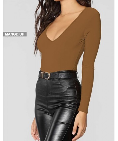 Women's V-Neck Long Sleevee Short Sleeve Tops Basic Bodysuit Camel $10.81 Bodysuits