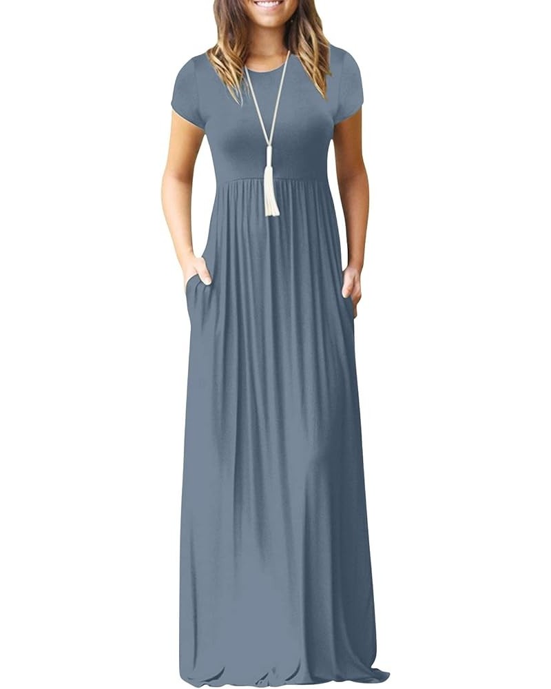 Women's Short Sleeve Loose Plain Maxi Dresses Casual Vacation Long Dresses with Pockets 1-haze Blue $14.89 Sweaters