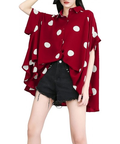 Women's Summer Batwing Sleeve Oversized Button Down Blouse with Polka Dot Print Shirt Top GY1903 Red $17.00 Blouses