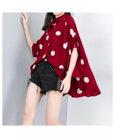 Women's Summer Batwing Sleeve Oversized Button Down Blouse with Polka Dot Print Shirt Top GY1903 Red $17.00 Blouses