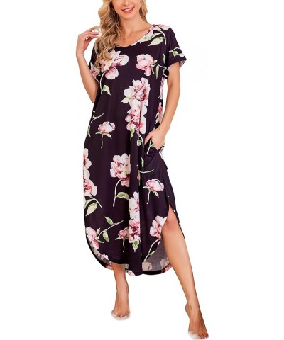 Nightgowns for Women Cotton Night Shirt Sleepwear Ladies Soft Loungewear with Pockets S-XXL Black Flower 2 $15.30 Sleep & Lounge