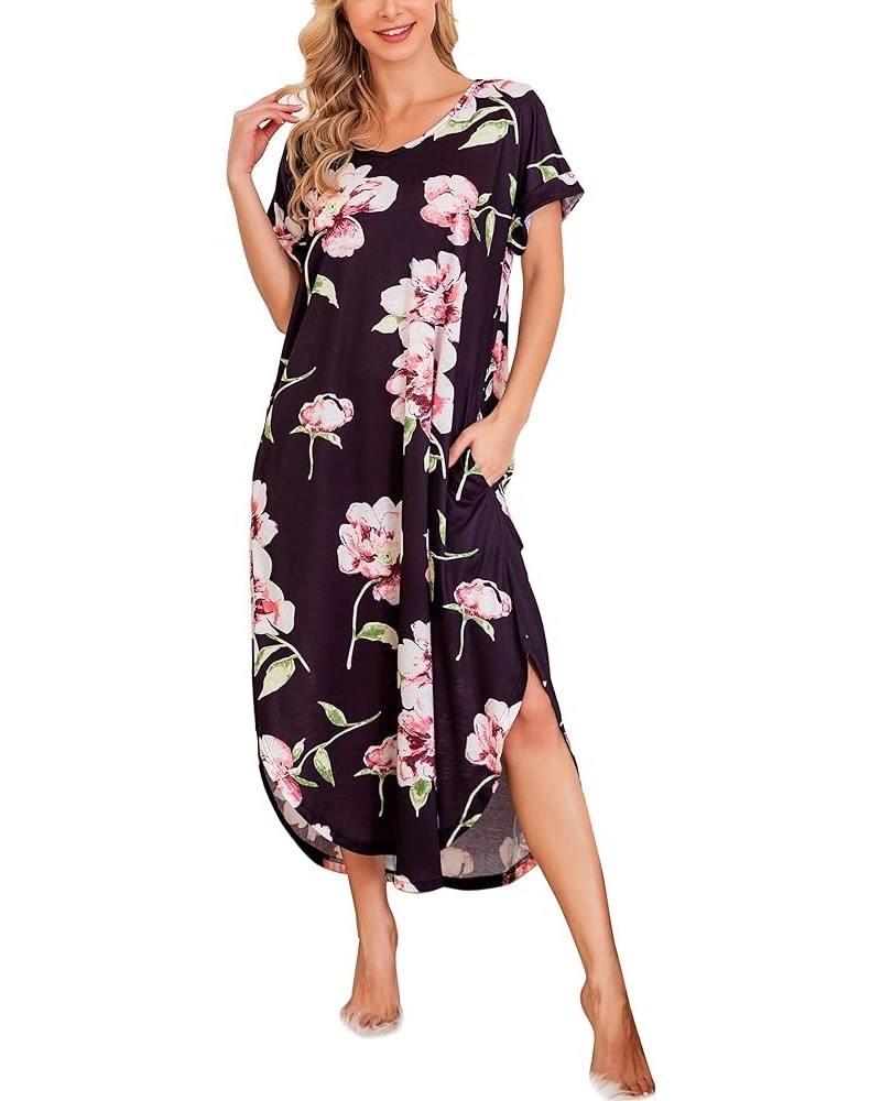 Nightgowns for Women Cotton Night Shirt Sleepwear Ladies Soft Loungewear with Pockets S-XXL Black Flower 2 $15.30 Sleep & Lounge