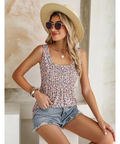 Women's Summer Tank Tops 2024 Pleated Square Neck Loose Fit Casual Flowy Tunic Sleeveless Shirts Floral Pink $11.00 Tops