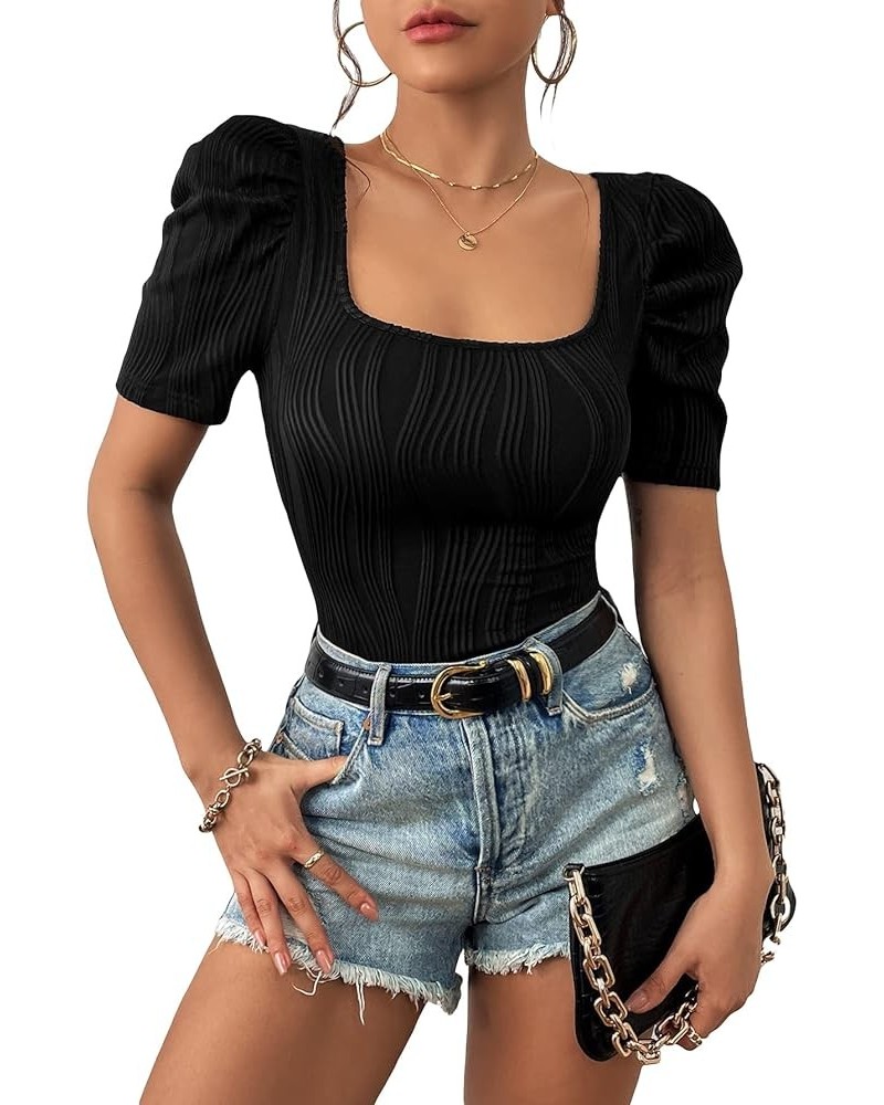 Women's Casual Puff Sleeve Square Neck Tee Shirt Top Short Sleeve Slim Fit T Shirt Black $12.50 T-Shirts