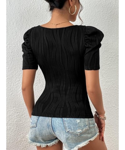 Women's Casual Puff Sleeve Square Neck Tee Shirt Top Short Sleeve Slim Fit T Shirt Black $12.50 T-Shirts