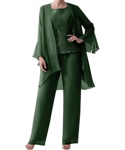 3 Pieces Mother of The Bride Dresses Pant Suits with Jackets Chiffon Jumpsuits Set Formal Evening Gown Dark Green $34.79 Suits