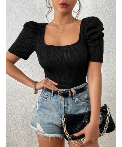 Women's Casual Puff Sleeve Square Neck Tee Shirt Top Short Sleeve Slim Fit T Shirt Black $12.50 T-Shirts