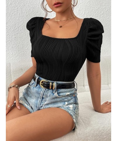 Women's Casual Puff Sleeve Square Neck Tee Shirt Top Short Sleeve Slim Fit T Shirt Black $12.50 T-Shirts