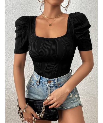 Women's Casual Puff Sleeve Square Neck Tee Shirt Top Short Sleeve Slim Fit T Shirt Black $12.50 T-Shirts