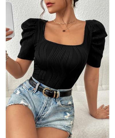 Women's Casual Puff Sleeve Square Neck Tee Shirt Top Short Sleeve Slim Fit T Shirt Black $12.50 T-Shirts