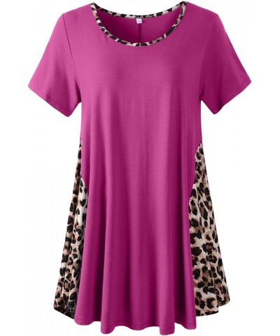 Leopard Print Tops for Womens Short Sleeve Shirts Plus Size Tunic Swing Summer Clothes Color Block Tee Fushia $14.99 Tops