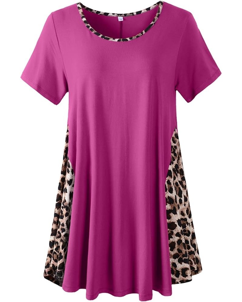 Leopard Print Tops for Womens Short Sleeve Shirts Plus Size Tunic Swing Summer Clothes Color Block Tee Fushia $14.99 Tops