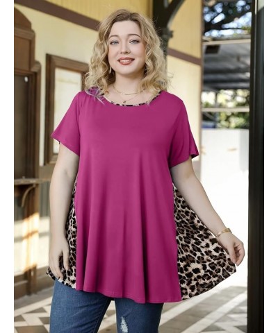 Leopard Print Tops for Womens Short Sleeve Shirts Plus Size Tunic Swing Summer Clothes Color Block Tee Fushia $14.99 Tops