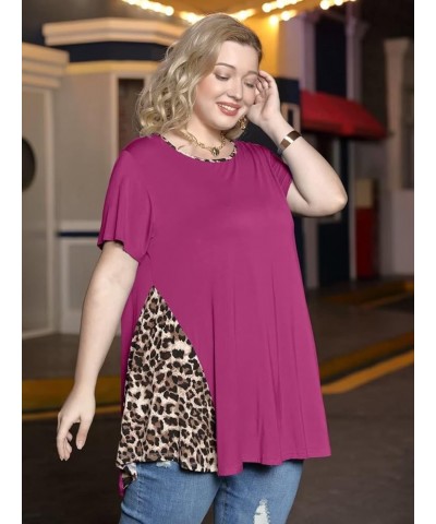 Leopard Print Tops for Womens Short Sleeve Shirts Plus Size Tunic Swing Summer Clothes Color Block Tee Fushia $14.99 Tops