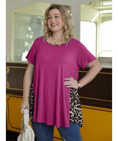 Leopard Print Tops for Womens Short Sleeve Shirts Plus Size Tunic Swing Summer Clothes Color Block Tee Fushia $14.99 Tops