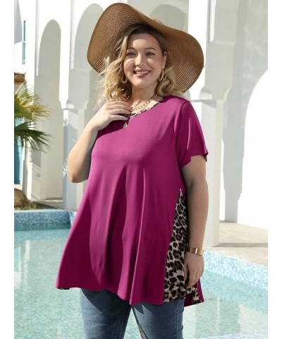 Leopard Print Tops for Womens Short Sleeve Shirts Plus Size Tunic Swing Summer Clothes Color Block Tee Fushia $14.99 Tops