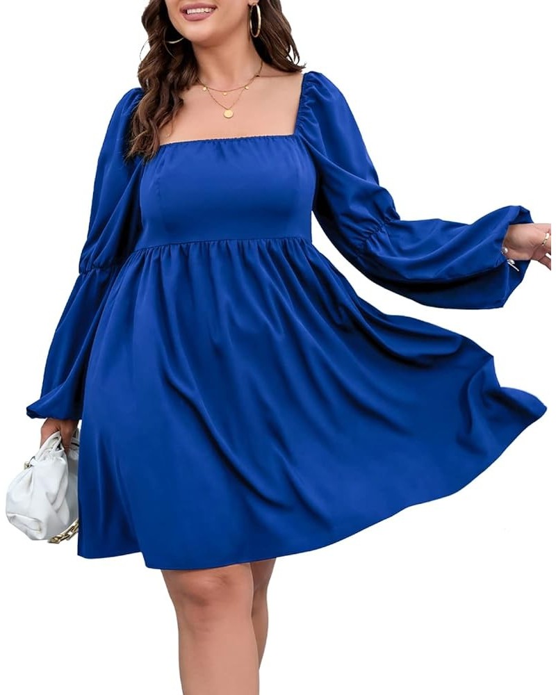 Womens Plus Size Square Neck Dress Long Puff Sleeve Flowy Swing A-Line Short Casual Mini Dress Dark Blue $18.00 Dresses