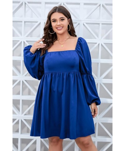 Womens Plus Size Square Neck Dress Long Puff Sleeve Flowy Swing A-Line Short Casual Mini Dress Dark Blue $18.00 Dresses