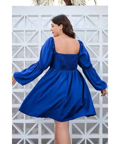 Womens Plus Size Square Neck Dress Long Puff Sleeve Flowy Swing A-Line Short Casual Mini Dress Dark Blue $18.00 Dresses