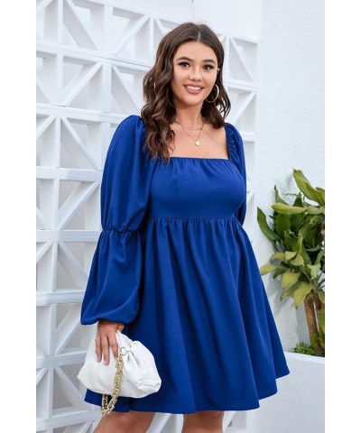 Womens Plus Size Square Neck Dress Long Puff Sleeve Flowy Swing A-Line Short Casual Mini Dress Dark Blue $18.00 Dresses