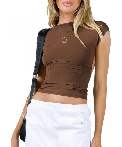 Womens Backless Top Short Sleeve Shirts Summer Tops Y2k Crop Tops for Women Trendy Going Out Tops S01 Brown $10.59 Tops