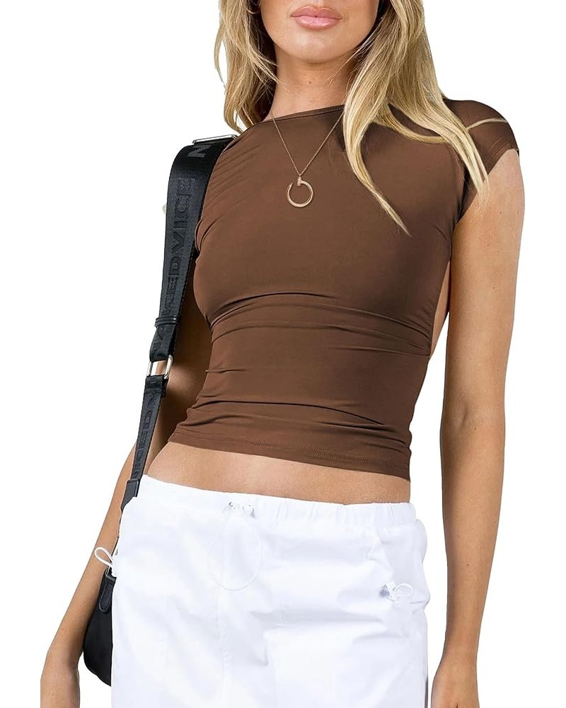 Womens Backless Top Short Sleeve Shirts Summer Tops Y2k Crop Tops for Women Trendy Going Out Tops S01 Brown $10.59 Tops