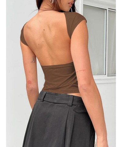 Womens Backless Top Short Sleeve Shirts Summer Tops Y2k Crop Tops for Women Trendy Going Out Tops S01 Brown $10.59 Tops