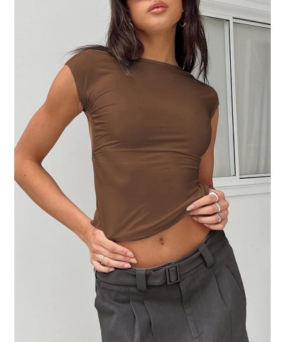 Womens Backless Top Short Sleeve Shirts Summer Tops Y2k Crop Tops for Women Trendy Going Out Tops S01 Brown $10.59 Tops