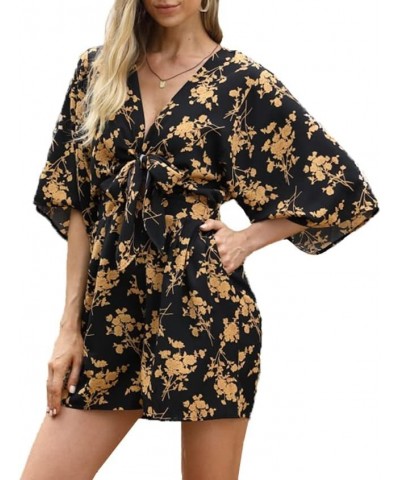 Womens Summer Sexy Floral Romper 3/4 Sleeve Tie Front Cut Out V Neck Jumpsuits with Pockets Black 3 $12.18 Jumpsuits