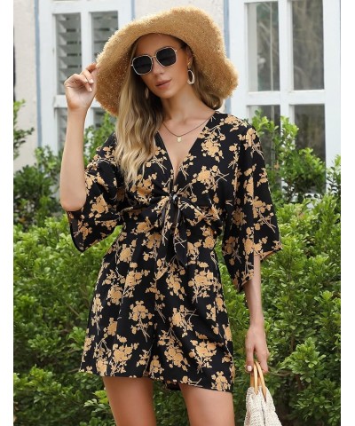 Womens Summer Sexy Floral Romper 3/4 Sleeve Tie Front Cut Out V Neck Jumpsuits with Pockets Black 3 $12.18 Jumpsuits