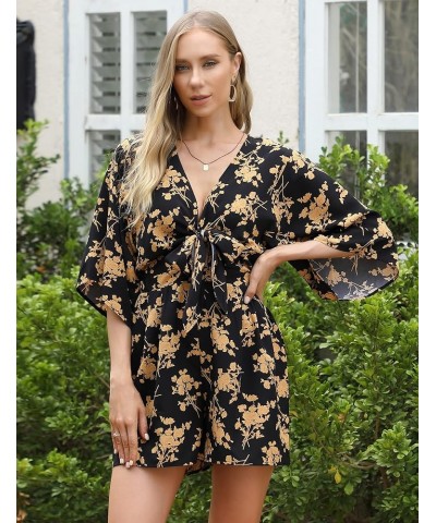 Womens Summer Sexy Floral Romper 3/4 Sleeve Tie Front Cut Out V Neck Jumpsuits with Pockets Black 3 $12.18 Jumpsuits