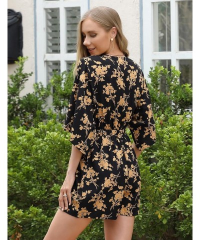 Womens Summer Sexy Floral Romper 3/4 Sleeve Tie Front Cut Out V Neck Jumpsuits with Pockets Black 3 $12.18 Jumpsuits