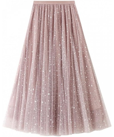 Women Tulle Skirt A-Line Elastic High Waist Layered Skirts Lace Midi Pleated Skirt Pink $13.50 Skirts