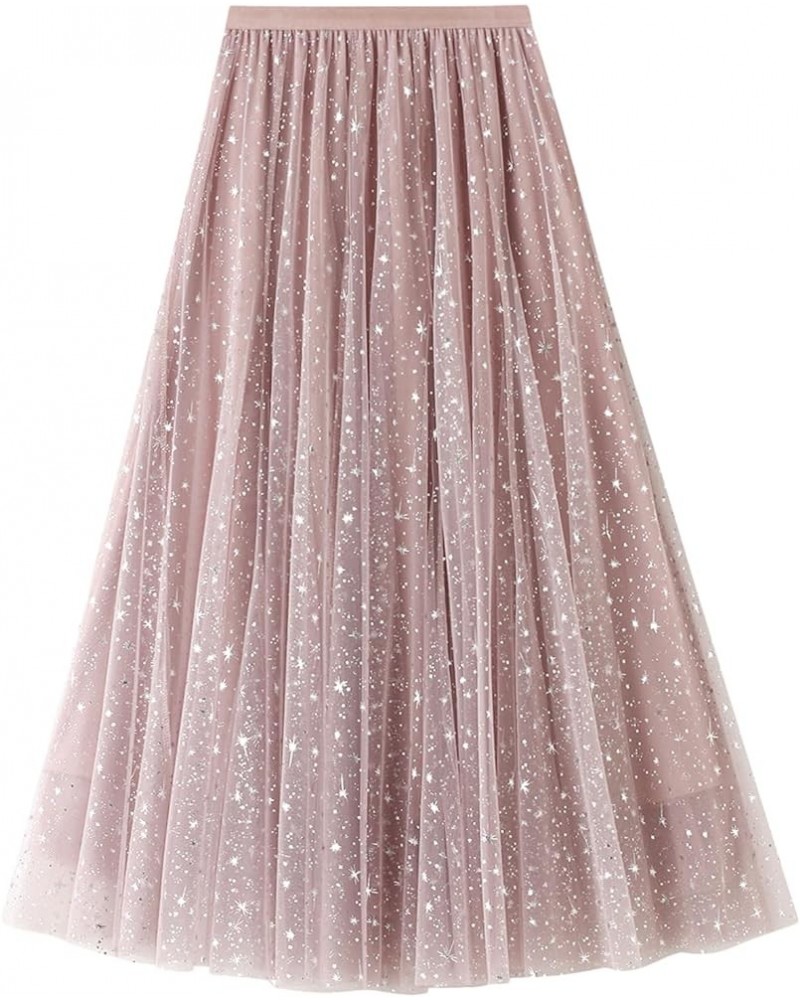 Women Tulle Skirt A-Line Elastic High Waist Layered Skirts Lace Midi Pleated Skirt Pink $13.50 Skirts