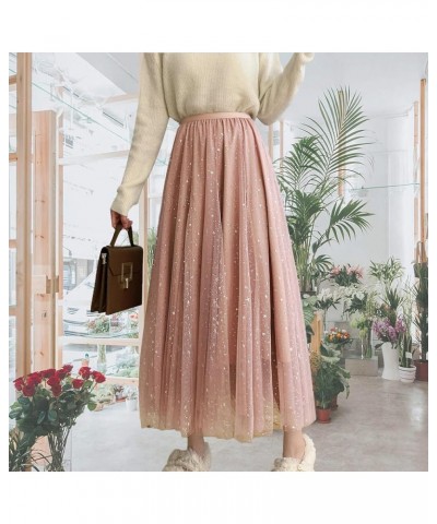 Women Tulle Skirt A-Line Elastic High Waist Layered Skirts Lace Midi Pleated Skirt Pink $13.50 Skirts