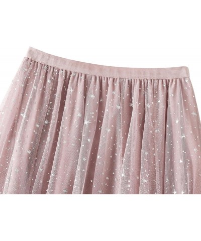 Women Tulle Skirt A-Line Elastic High Waist Layered Skirts Lace Midi Pleated Skirt Pink $13.50 Skirts