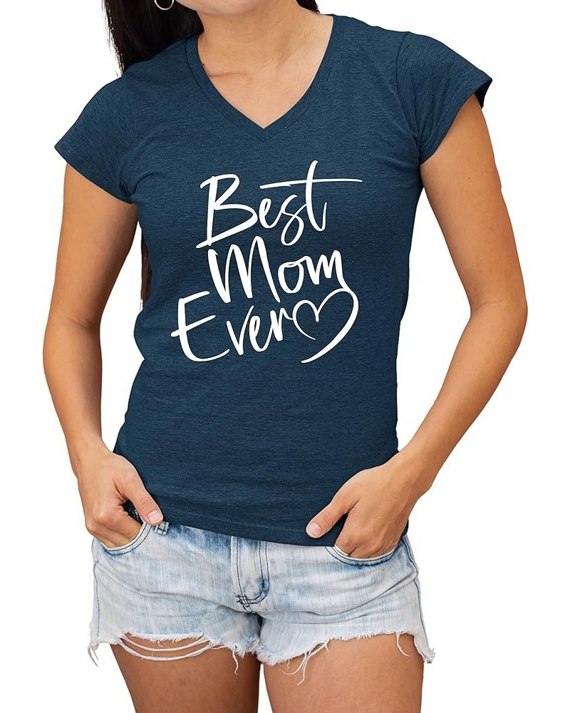 Script Best Mom Ever Heart Idea Women V Neck T-Shirt Women Navy Blue $6.12 T-Shirts